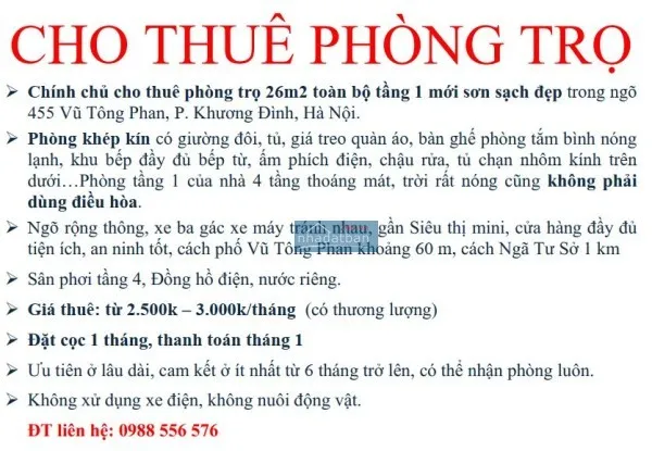 Cc cho thuê phòng trọ 26m2 toàn tầng 1 giá thỏa thuận