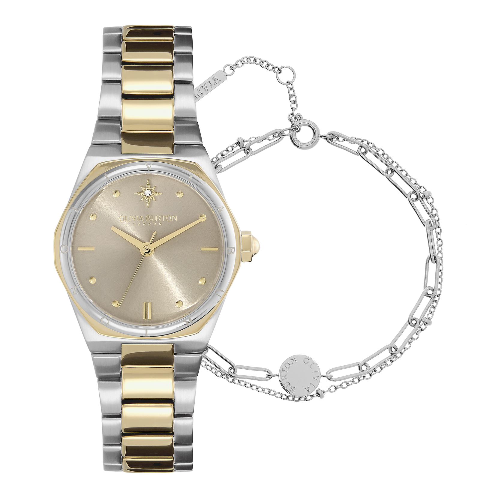  28mm Mini Hexa Two Tone Bracelet Watch & Illusion Stacking Bracelet Gift Set