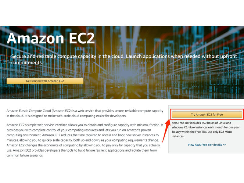 Nhấn chọn Try Amazon EC2 for Free
