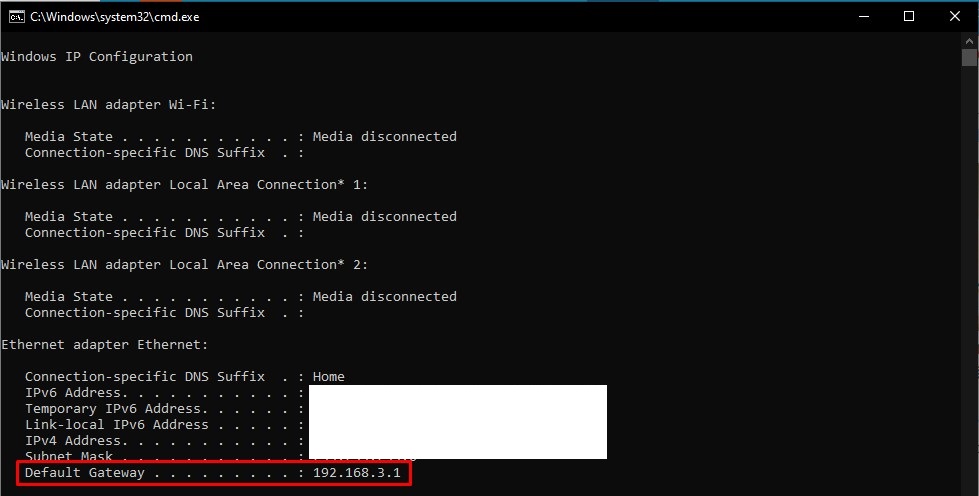 Tìm đến dòng có chú thích Default Gateway để kiểm tra địa chỉ