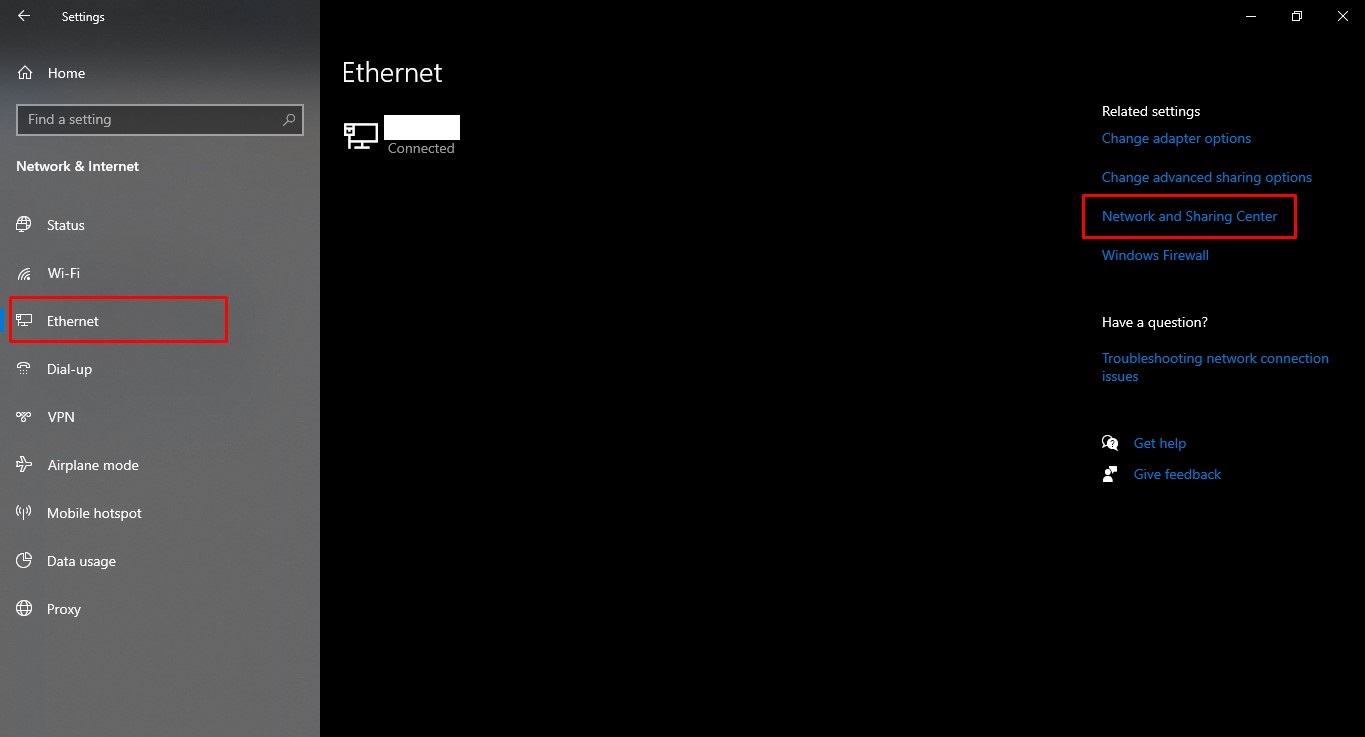 nhấn chuột phải rồi chọn Open Network & Internet settings. Sau đó, tiếp tục chọn mục Ethernet -> Network and Sharing Center