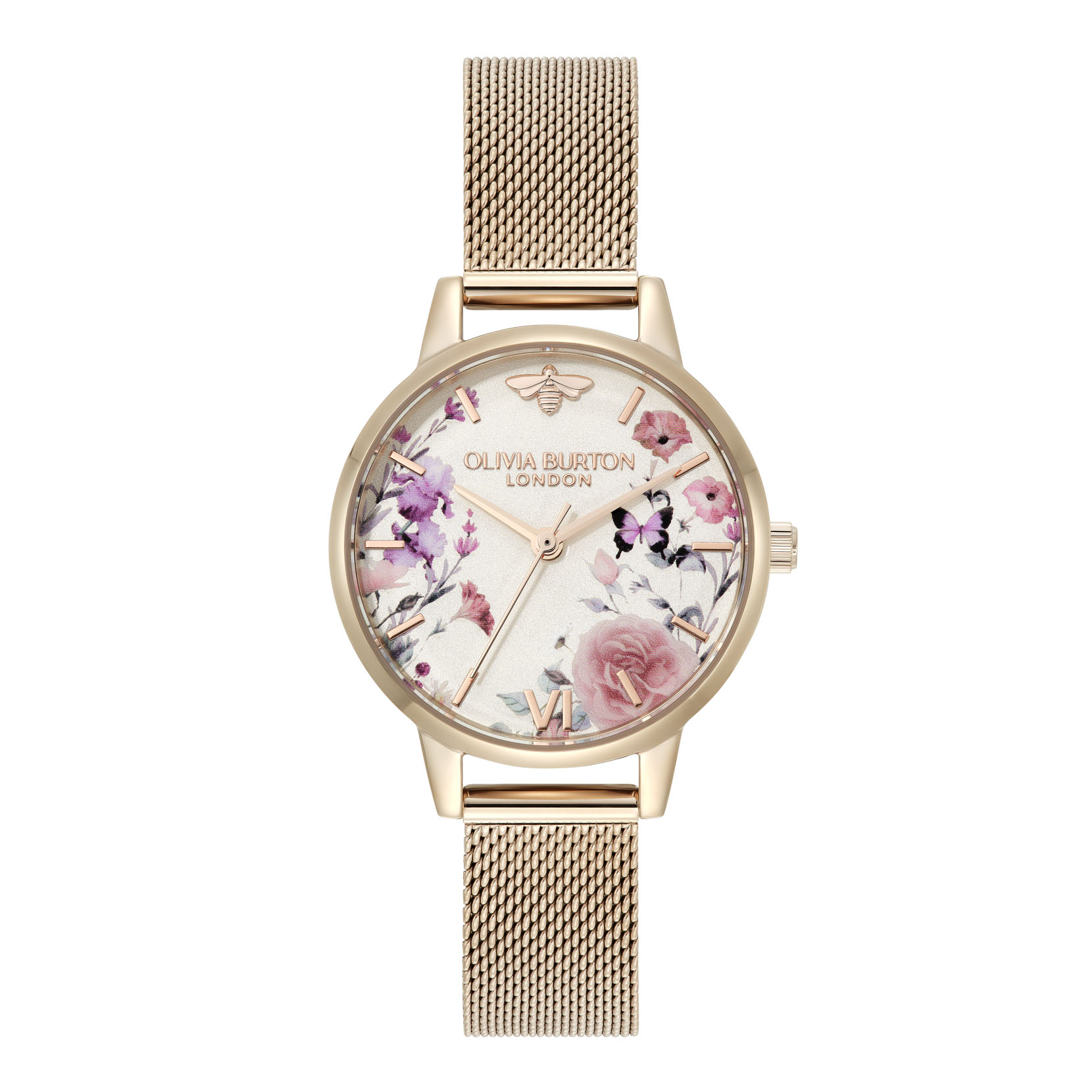 30mm Illustrated Floral Rose Gold Mesh Watch