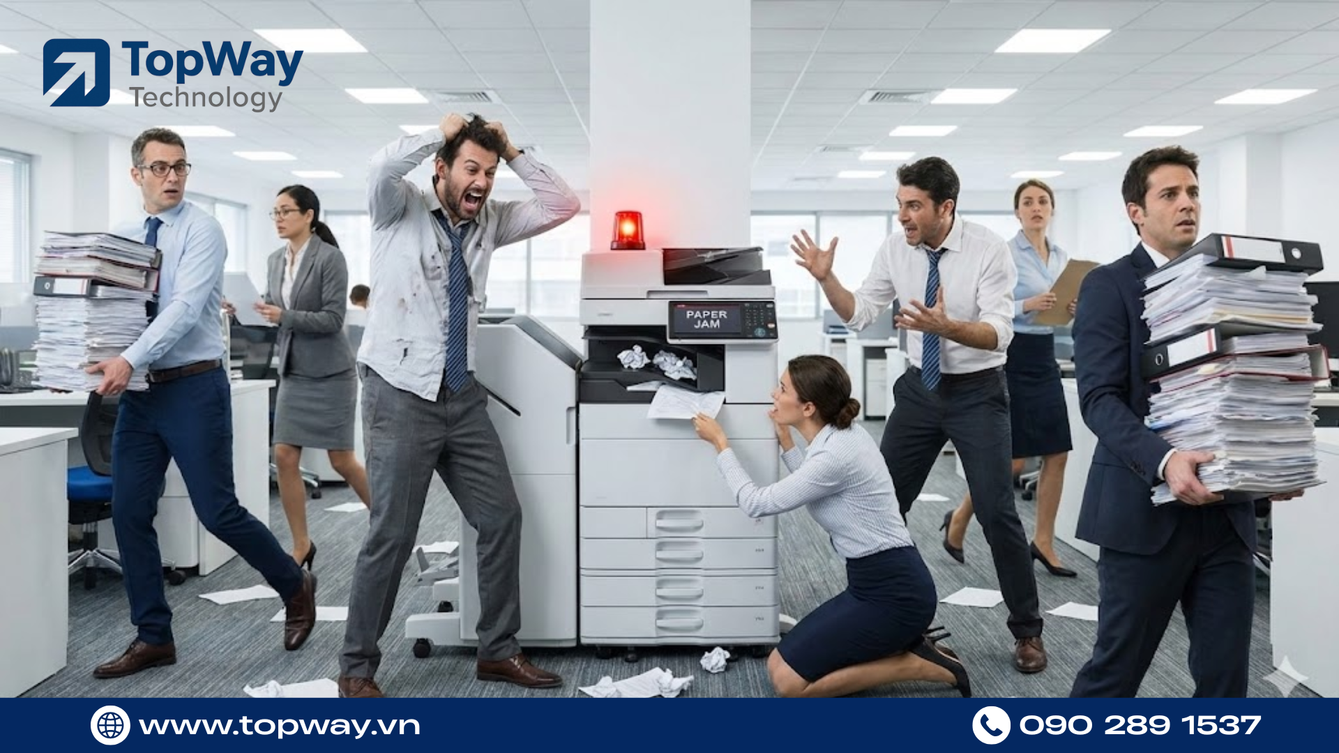 các nhân viên văn phòng đang loạn lên vì máy in hư và kẹt giấy