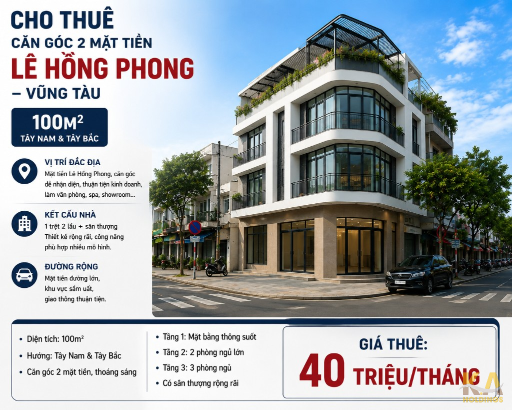 CHO THUÊ CĂN GÓC 2 MẶT TIỀN LÊ HỒNG PHONG – VŨNG TÀU – 100M² – TÂY NAM & TÂY BẮC – 40 TRIỆU/THÁNG
