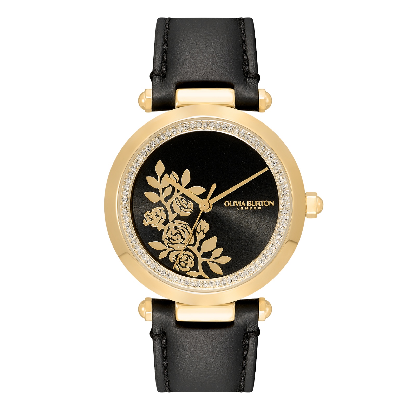 ĐÔNG HỒ OLIVIA BURTON FLORAL T-BAR GOLD & BLACK LEATHER STRAP