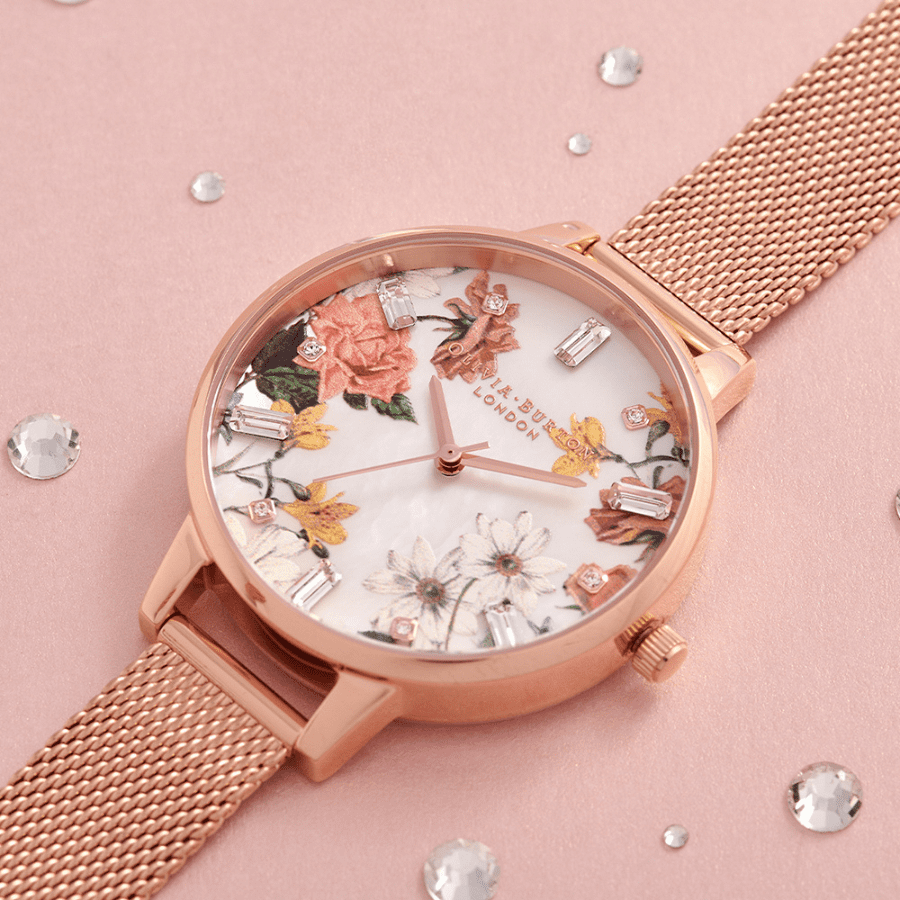 ĐỒNG HỒ OLIVIA BURTON SPARKLE FLORALS DEMI MOTHER OF PEARL DIAL ROSE GOLD MESH