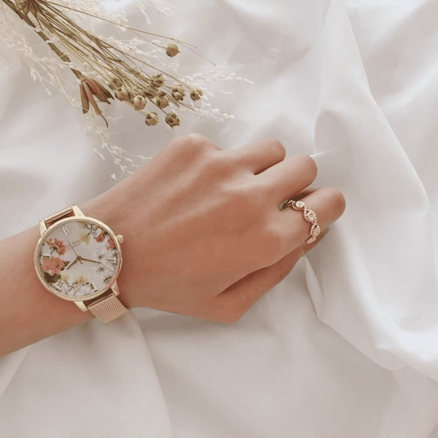 ĐỒNG HỒ OLIVIA BURTON SPARKLE FLORALS DEMI MOTHER OF PEARL DIAL ROSE GOLD MESH