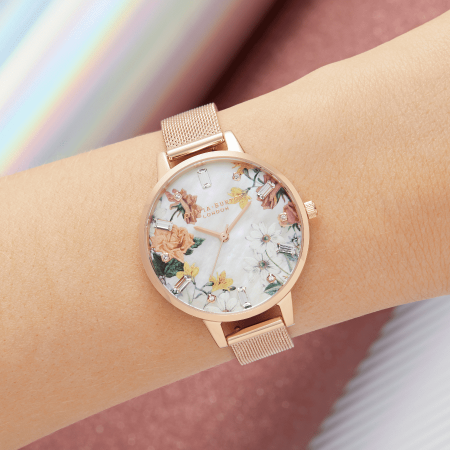 ĐỒNG HỒ OLIVIA BURTON SPARKLE FLORALS DEMI MOTHER OF PEARL DIAL ROSE GOLD MESH