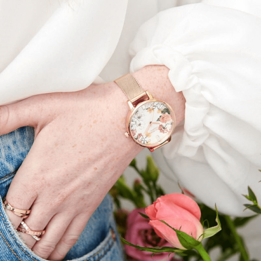 ĐỒNG HỒ OLIVIA BURTON SPARKLE FLORALS DEMI MOTHER OF PEARL DIAL ROSE GOLD MESH