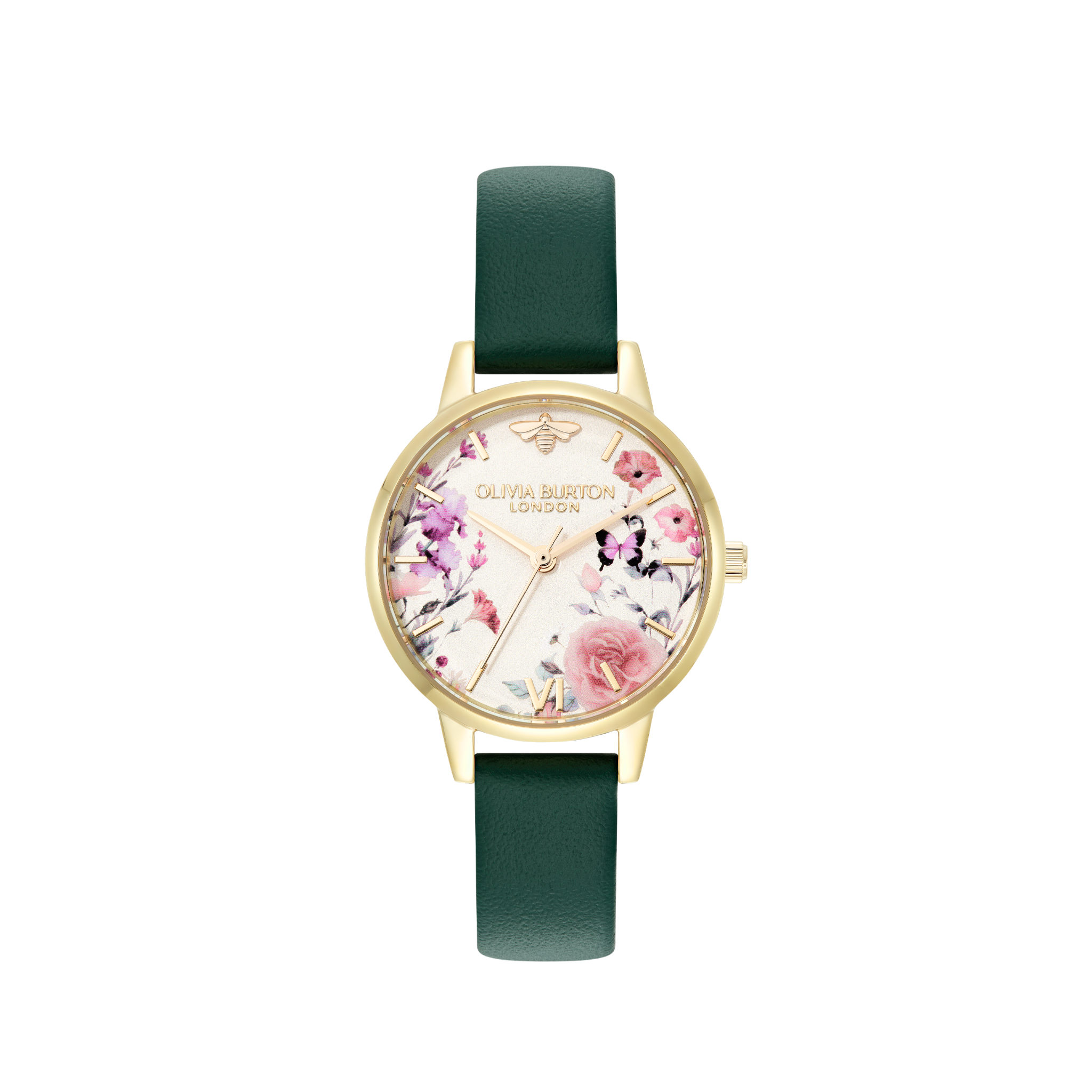 30mm GP Illustrated Floral DialForest Green Leather Strap